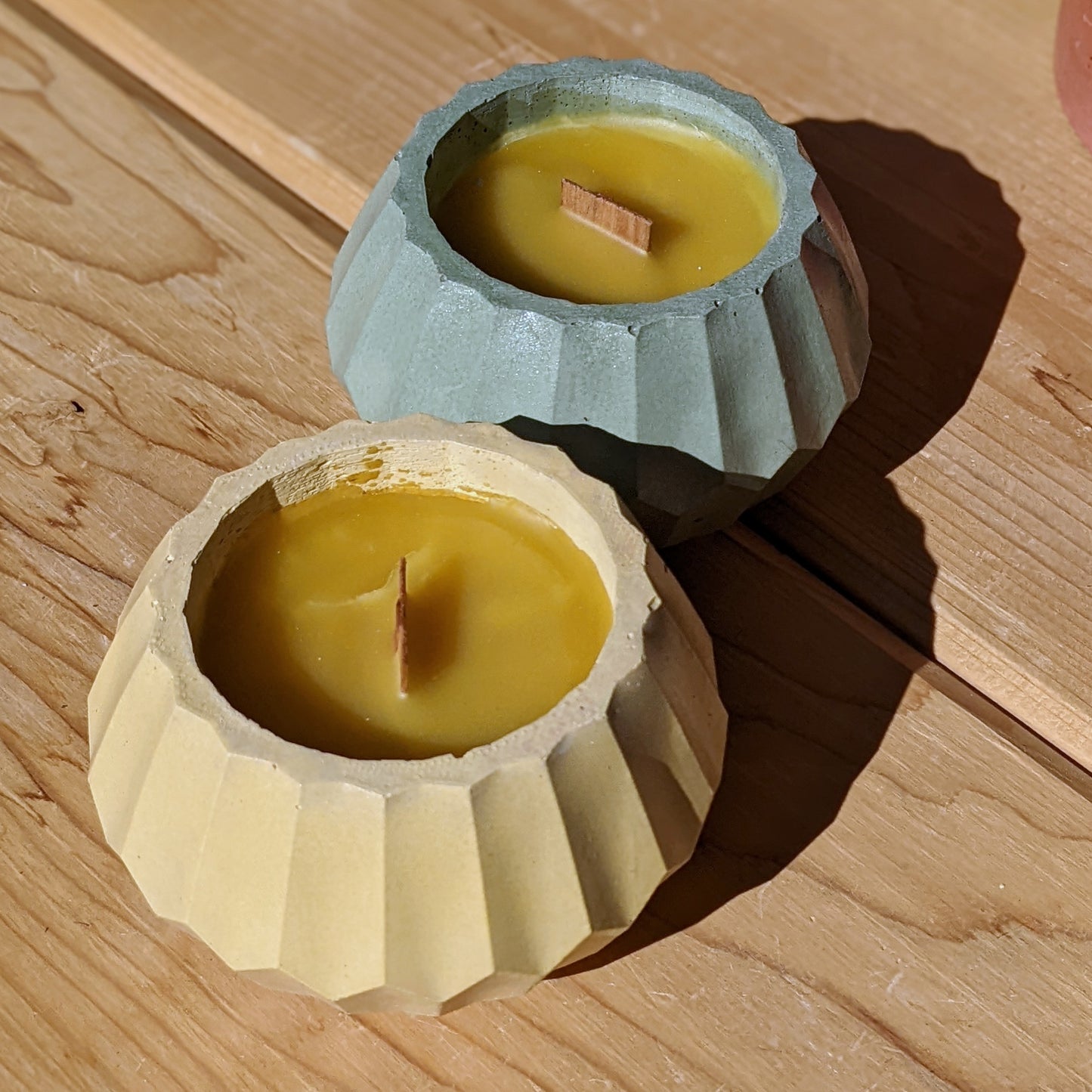 100% Pure USA Beeswax candle in double ridge concrete vessel